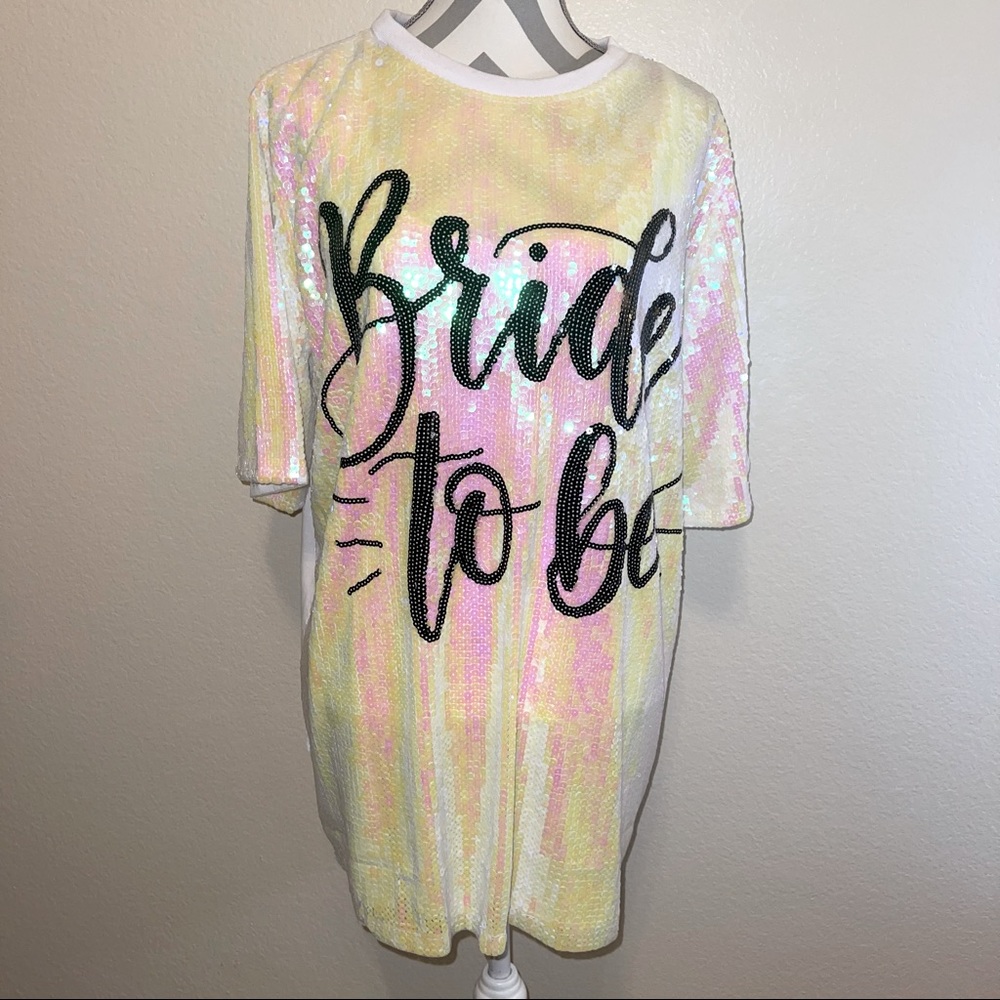 White Iridescent Sequin Trendy “Bride to Be” Short Sleeve Mini Dress One Size - Picture 3 of 12